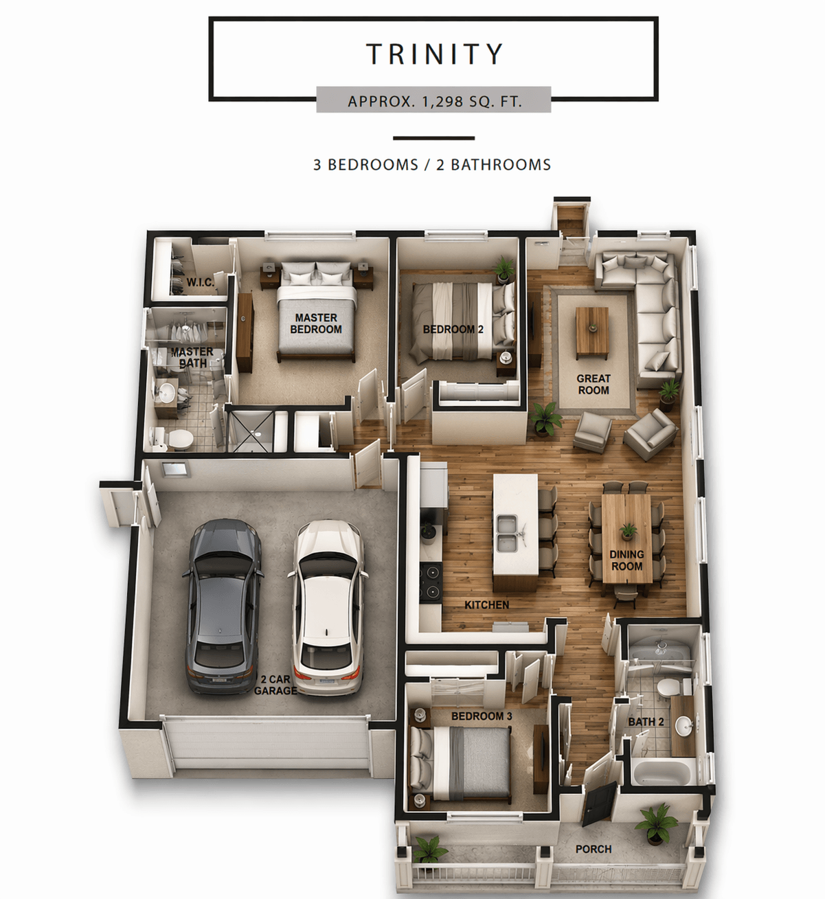 A floor plan of a trinity apartment with 3 bedrooms and 2 bathrooms.